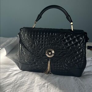 Versace Black Quilted Satchel with Gold Accents